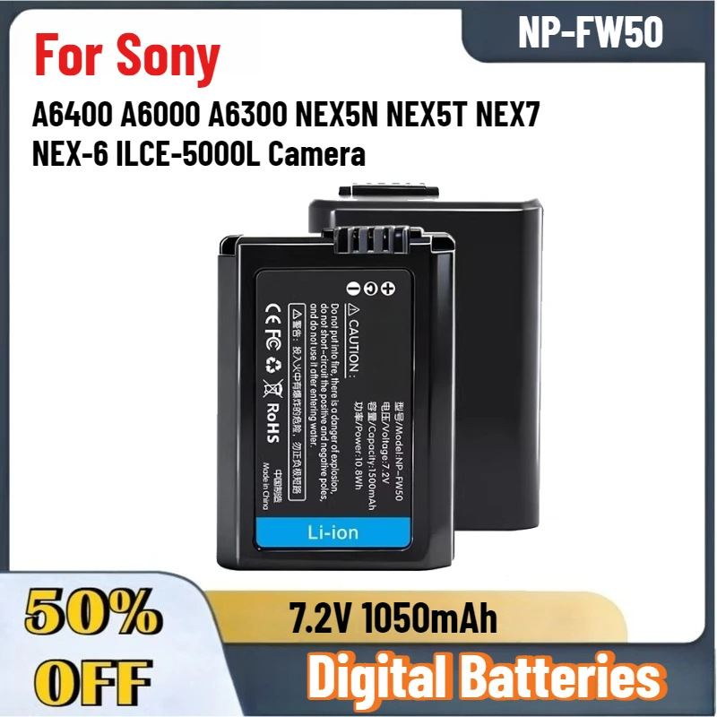 

High-Performance New 7.2V 1050mAh NP-FW50 Lithium Battery for Sony A6400 A6000 A6300 NEX5N NEX5T NEX7 NEX-6 ILCE-5000L Camera