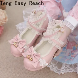 Vrouwen Hoge Hakken Kruisband Mary Jane Pumps Feest Bruiloft Wit Roze Zwart Ruches Strik Prinses Cosplay Lolita Schoenen 31-43