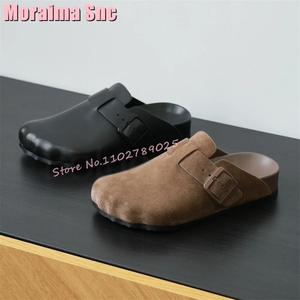 

Unique Toes Shape Half Slippers Belt Buckle Black Solid Leather Flat With Women's Shoes Slides Summer Casual Outdoor 2024 New