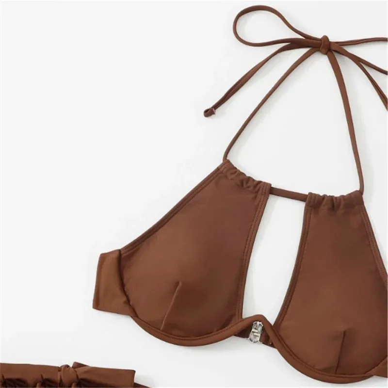 Maillot de bain taille haute pour femmes, ensemble deux pièces, soutien-gorge push up, col licou, string, amissié, sexy, couleur marron, 2024