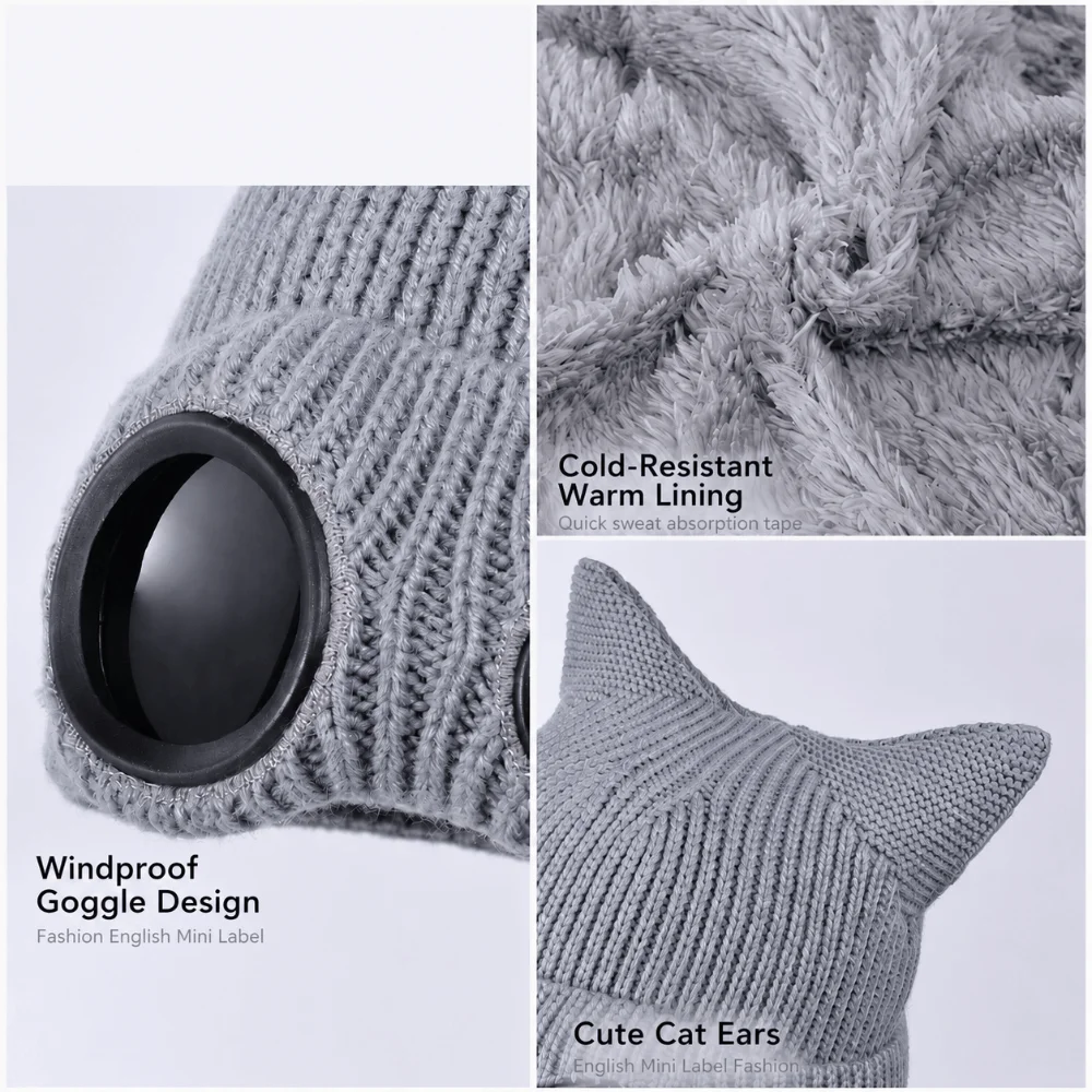 Fashion Warm Winter Beanie Lining Windproof Knitted Goggles Hat Cat Ear Elastic Ear Protection Hat for Women