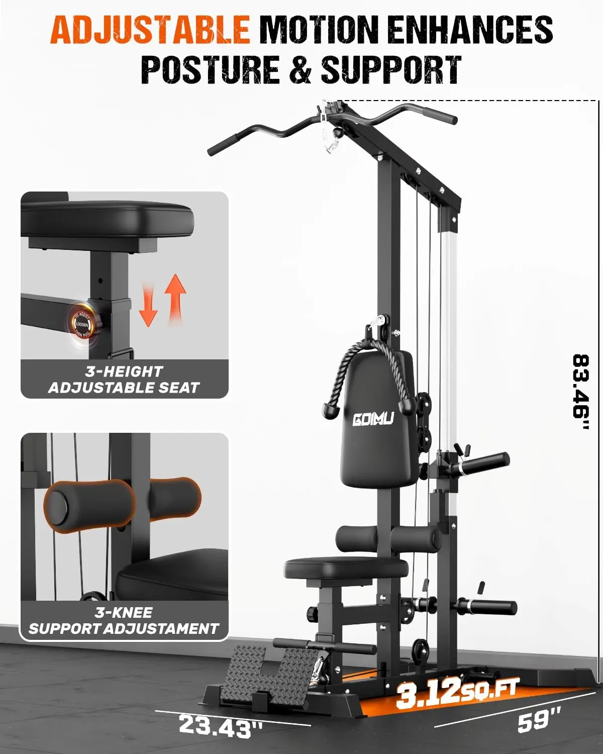 LS01 LAT Pulldown Machine, LAT Row Cable Machine with AB Crunch, LAT Tower with Cable Row Attachments, 3 in 1 Pulley image 4