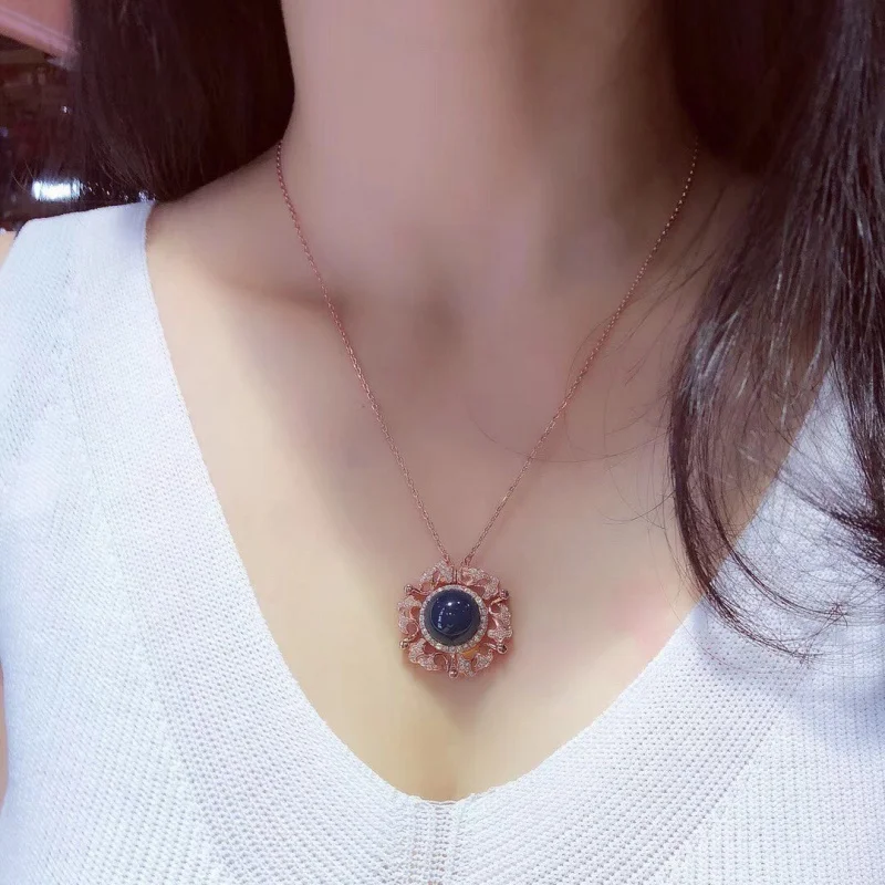 13mm Blue Amber Inlaid S925 Silver Two-Way Wear Pendant Vacuum Color Retention Electroplated Purification
