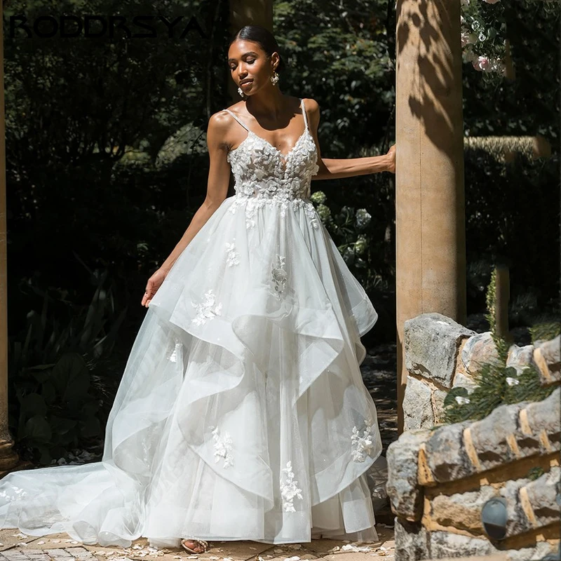 RODDRSYA-Vestido De Novia elegante con tirantes finos, Vestido De Novia Sexy De encaje con cuello en V, Espalda descubierta, tul romántico, línea A, fiesta De NoviaVestido De Novia elegante con tirantes finos, Vestido