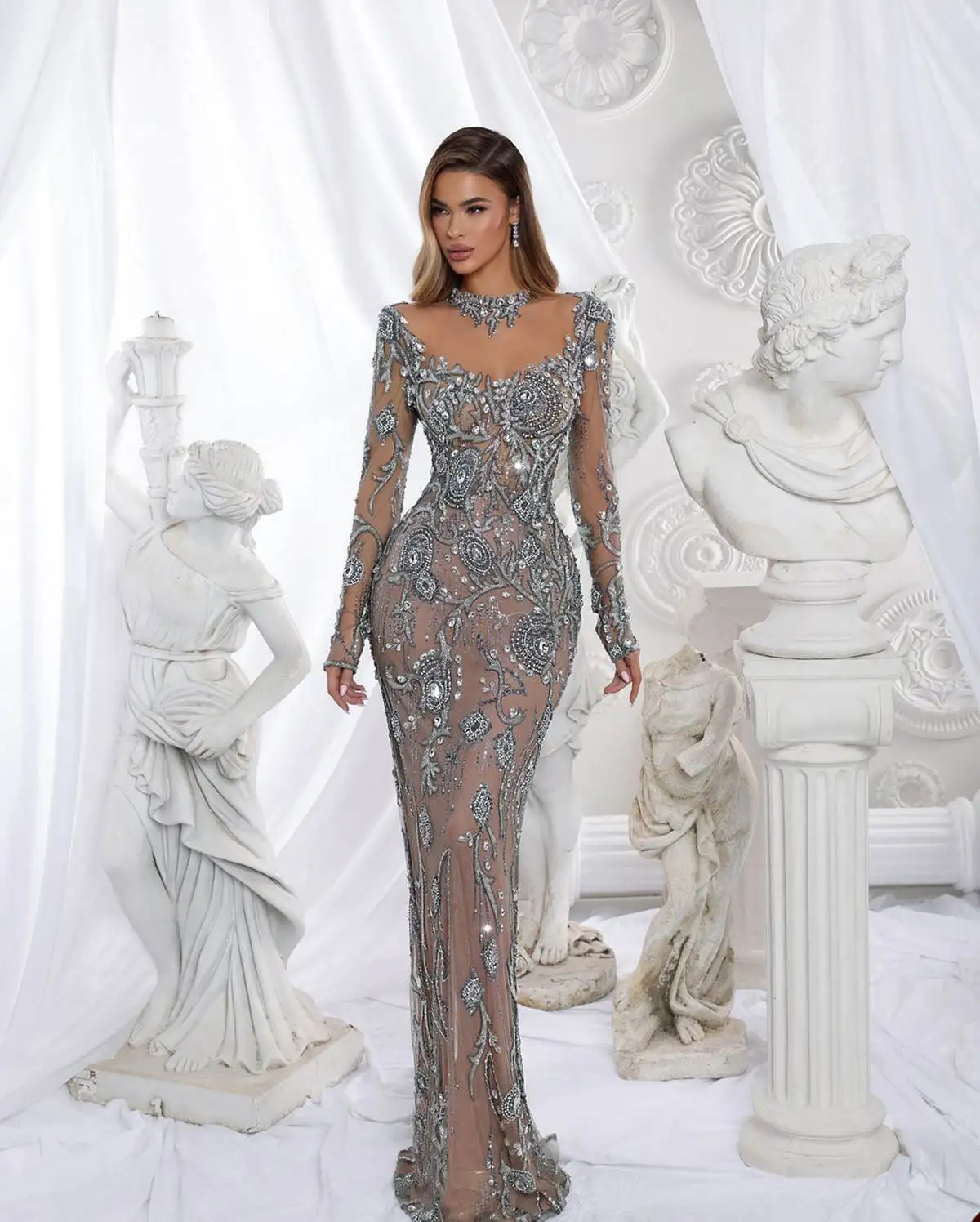 See Through Prom Dresses Appliques Evening Gowns Beading Illusion Long Sleeve Party Dress فساتين سهرة Robes de soirée