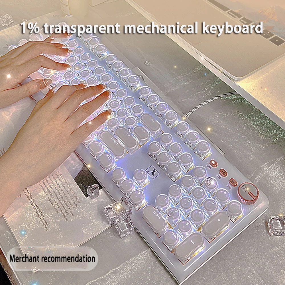 104 Keys Wired Keyboard Retro Punk Gaming White Light Mechanical Keyboards Ice Cube Crystal Transparent Round Keycap Illuminate