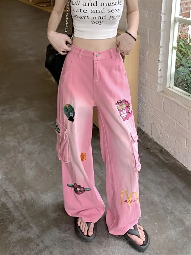 American Pink Cargo Jeans Cartoon Embroidered Baggy  For Women 2024 Spring New Waist Slimming Wide Leg Pants Trousers Female