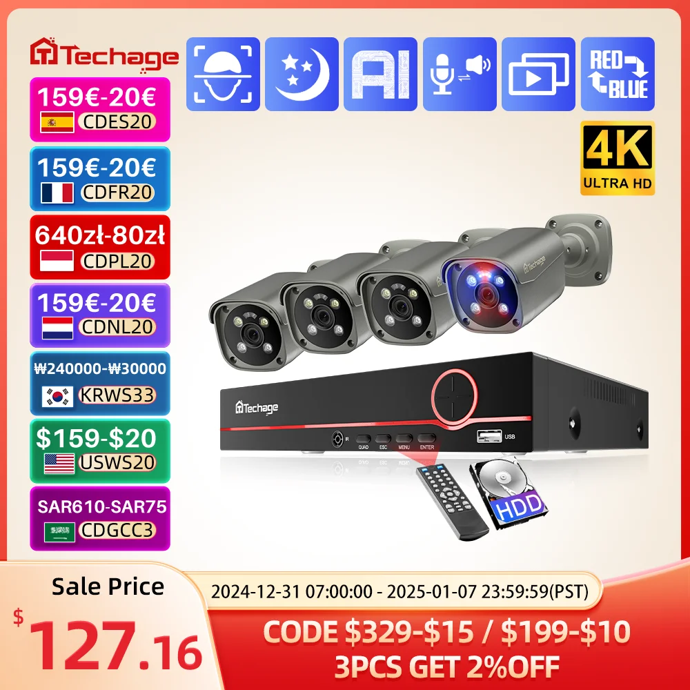 Techage 4K 8MP Surveillance Camera System H.265 8CH PoE NVR Kit Human Detection Red-bule Light Alarm P2P Video Audio CCTV Camera