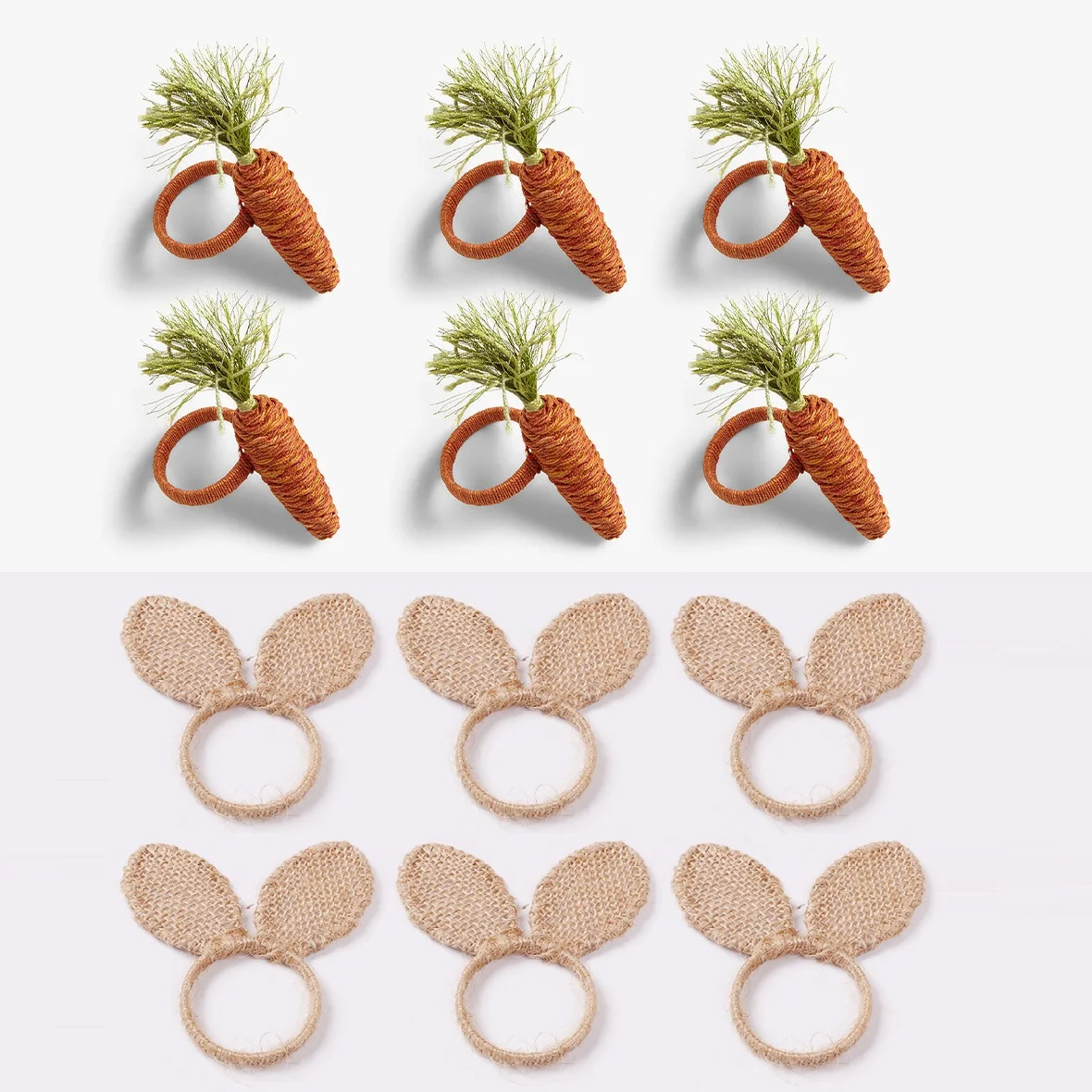 6pcs Easter Napkin Rings Jute Creative Rabbit Ear/Carrot Hand-woven Napkin Buckle Holder Party Kitchen Weddings Table Decoration