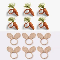 6pcs Easter Napkin Rings Jute Creative Rabbit Ear/Carrot Hand-woven Napkin Buckle Holder Party Kitchen Weddings Table Decoration