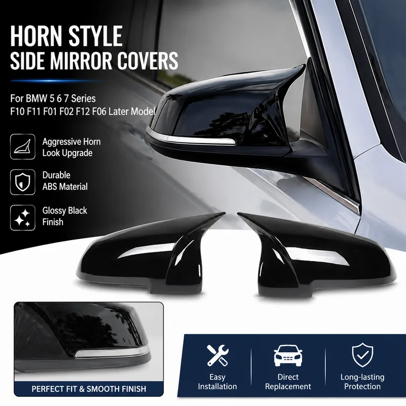 For BMW 5 6 7 Series F10 F11 F01 F02 F12 F06 Later Model Glossy Black Horn Style Side Mirror Cover Pair Upgrade