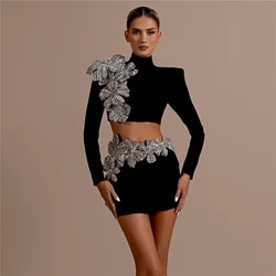 High Quality Women Long Sleeve Diamond Flowers 2 Pieces Bodycon Mini Bandage Dress Celebrate Nightclub Party Outfit Vestido