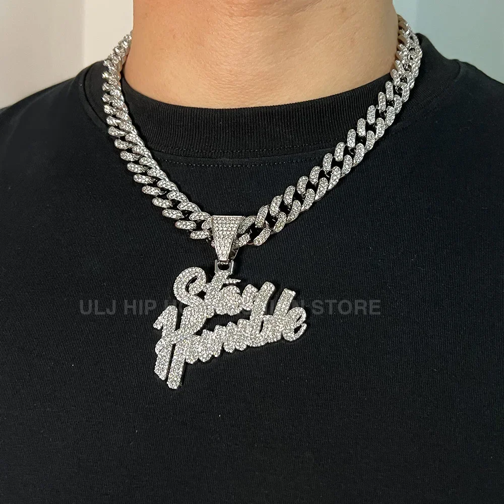 ULJ Shiny Hip Hop  Stay Humble Letter Pendant Necklace Cuban Link Chain for Men Woman Iced Out Bling Chain Jewelry