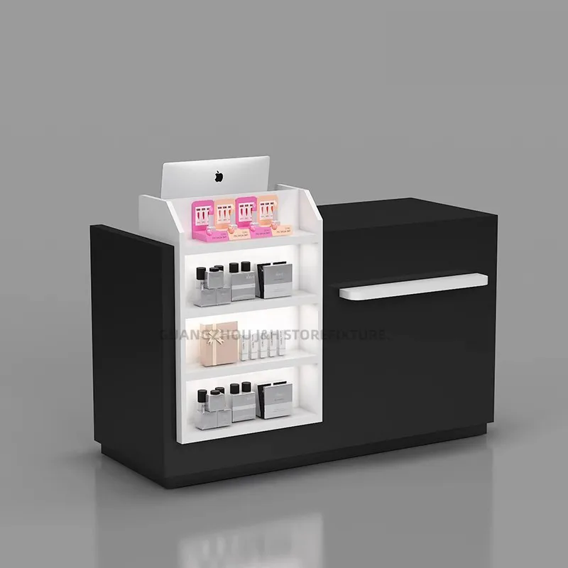 Popular Beauty Shop Perfume Display Counter Black Mdf Checkout Counter with Cosmetics Display Shelves