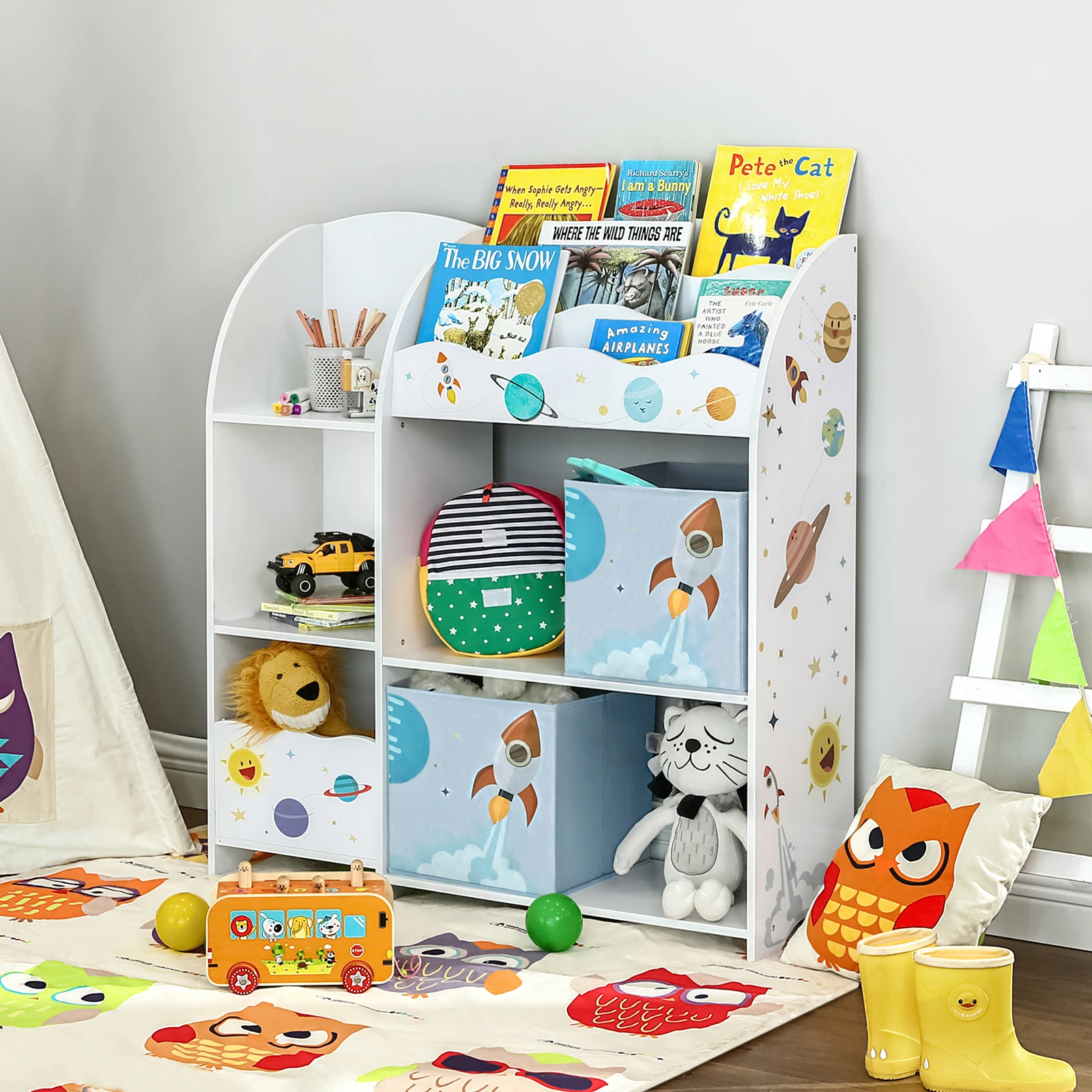 SONGMICS Étagère de Rangement pour Jouets Enfant et Livres, Meuble de Rangement Multifonctionnel, avec 2 Tiroirs en Tissu, Thème planètes, pour Salle de Jeux, Chambre Enfant, Salon