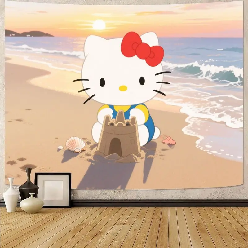 

1PC Sanrio Hello Kitty Beach Sunset Tapestry, Kawaii Sandcastle Wall Art, Polyester Room Decor, Gift for Girls & Kitty Fans