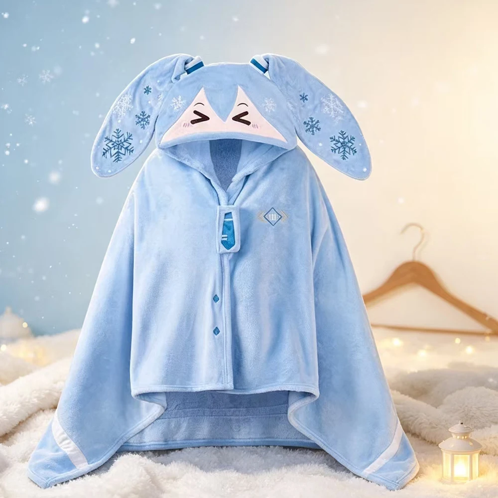 雪のミク、初音ミク、ブランケット、ケープ、柔らかいフランネル素材のショール、雪の結晶柄、ツインテール、帽子、暖かく着用できる、コスプレ、お昼寝用、ギフト。