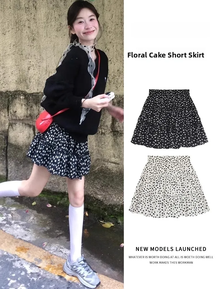 

Black Floral Print High Waist A-Line Skirt Women's Spring Autumn plus Size Cake Skirt Hip Concealing Short Skirt