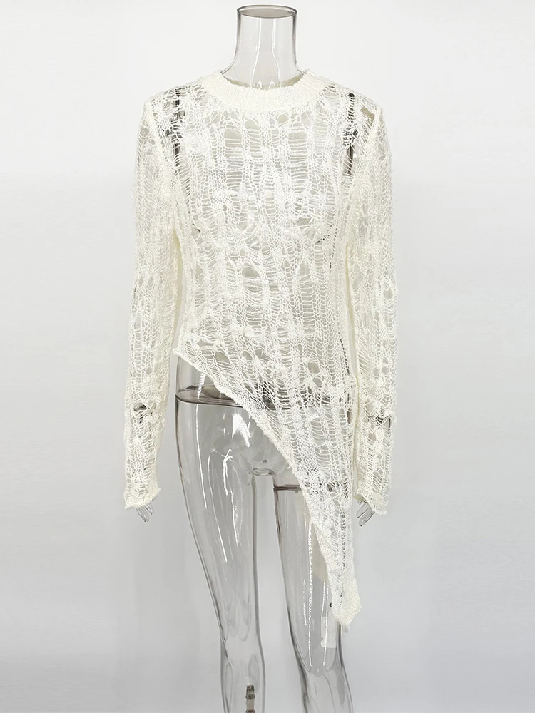Trendix Sheer Hollow Out Knit Top Women's O Neck Long Sleeve Asymmetric Knitted Jumper Party Club Sexy See Through Pullover Tops 6