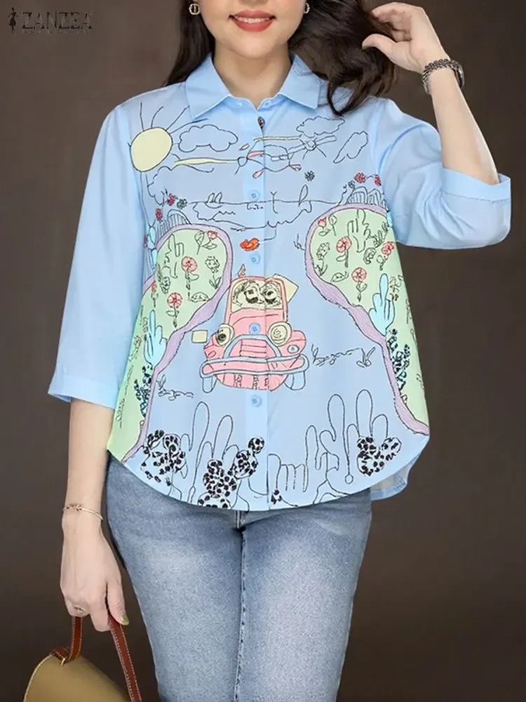 

ZANZEA Fashion Women's Shirts 3/4 Sleeve Casual Blouse 2025 Autumn Spring Lapel Elegant Office Streetwear Korean Blusas Tops