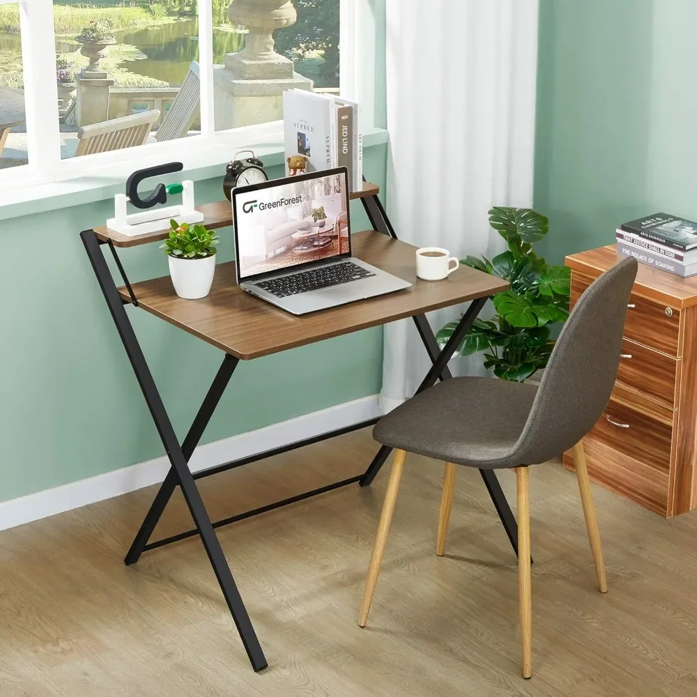 GreenForest Folding Desk No Assembly Required Small Size, 2-Tier Foldable Computer Desk with Shelf for Home Office, Space Saving