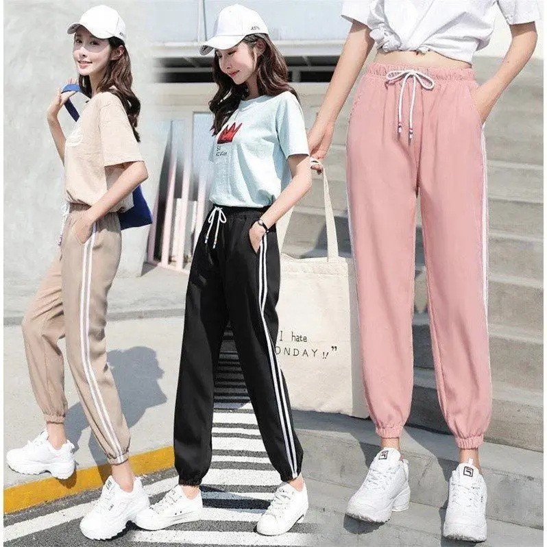 Women's Stripe Sports Pants Spring Summer New Korean Harajuku BF Style Thin Loose Super Popular INS Cuffed Pants High Waist