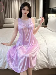 Loose Casual Purple Lace Long Dress Vest Tank O Neck Hot Sexy Korean Women Robe Fashion Sweet Women Tops 2024 New KZV9