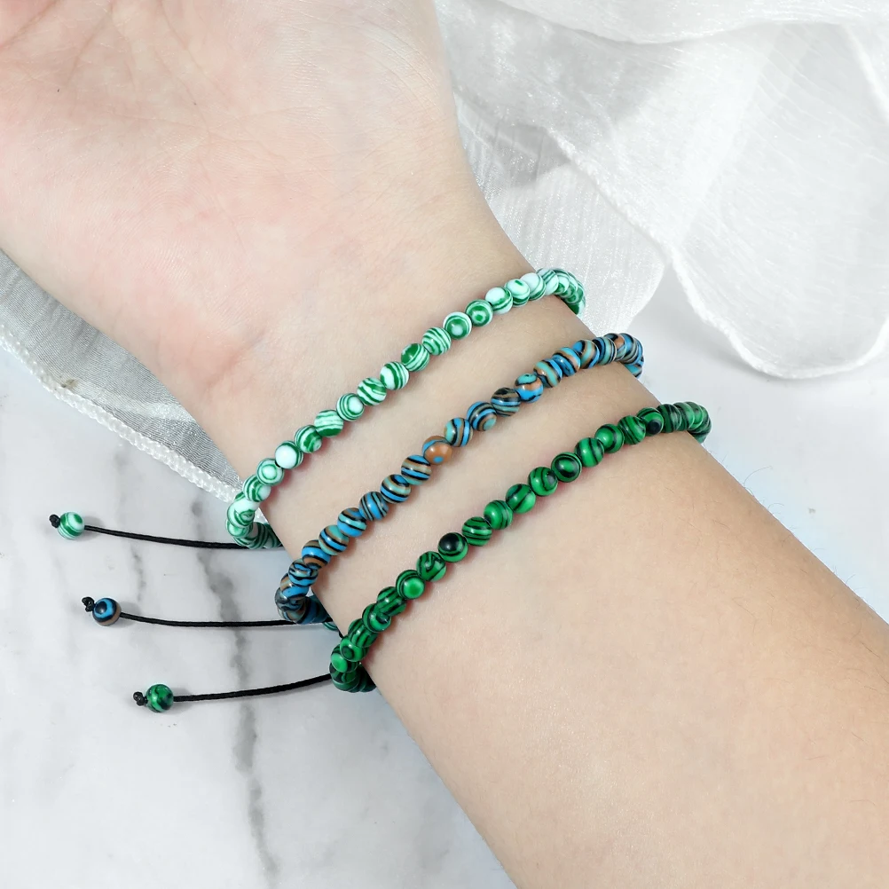 Charm 4mm Green Blue Malachite Bracelet for Women Men Natural Stone Handmade Braided Bangles Yoga Prayer Jewery Beaded Bracelets