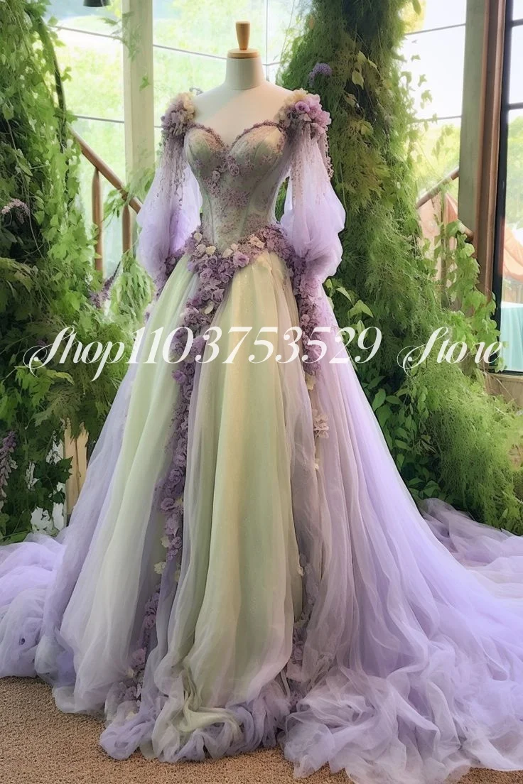 Fantasy Fairy Medieval Prom Dress Purple Belle Fairy Corset Floral Appliqué  Lace Long Customized vestido festa