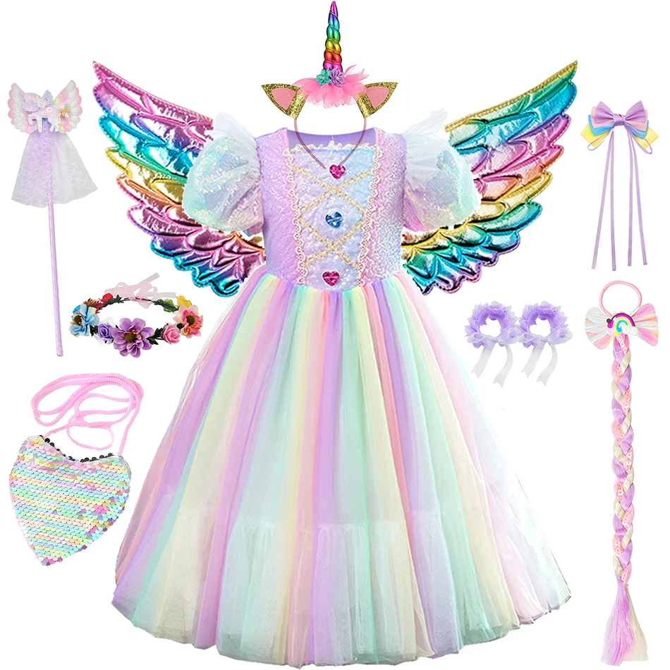 Girls Unicorn Rainbow Dress Kids Halloween Birthday Carnival Party Fancy Vestido Gradient Costume Princess Puff Sleeve Ball Gown