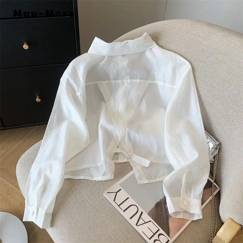 2024 Autumn Hotsweet Style Turn-down Collar Long Sleeve Chiffon Blouses Women's Casual Gyaru Fashion Solid Color Thin Shirts