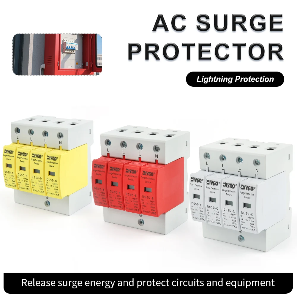 

Din Rail Type 4P AC SPD Lightning Surge Protector 10-20KA 20-40KA 30-60KA 3P+N House Protective Low-voltage Arrester Device 385V