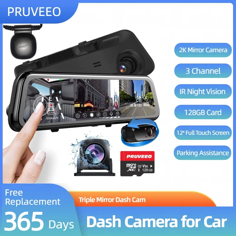 PRUVEEO 2K Mirror Dash Cam 3 Channel Rear View Mirror Camera 12'' Full Touch Screen IR Night Vision GPS Parking Assistance