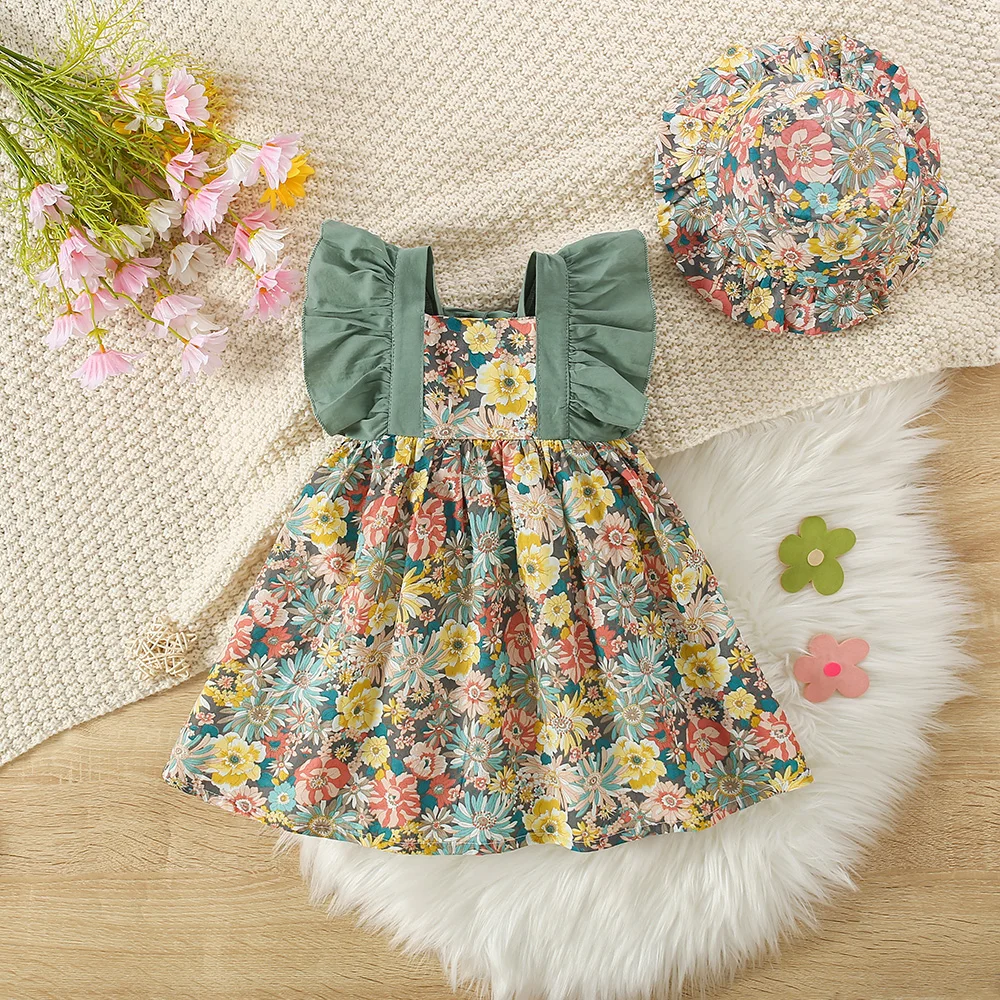 Baby Girl Dress Summer Cotton Full Print Hollow Out Little Fly Sleeves Girls Dresses Cute Casual Beach Baby Girl Clothing
