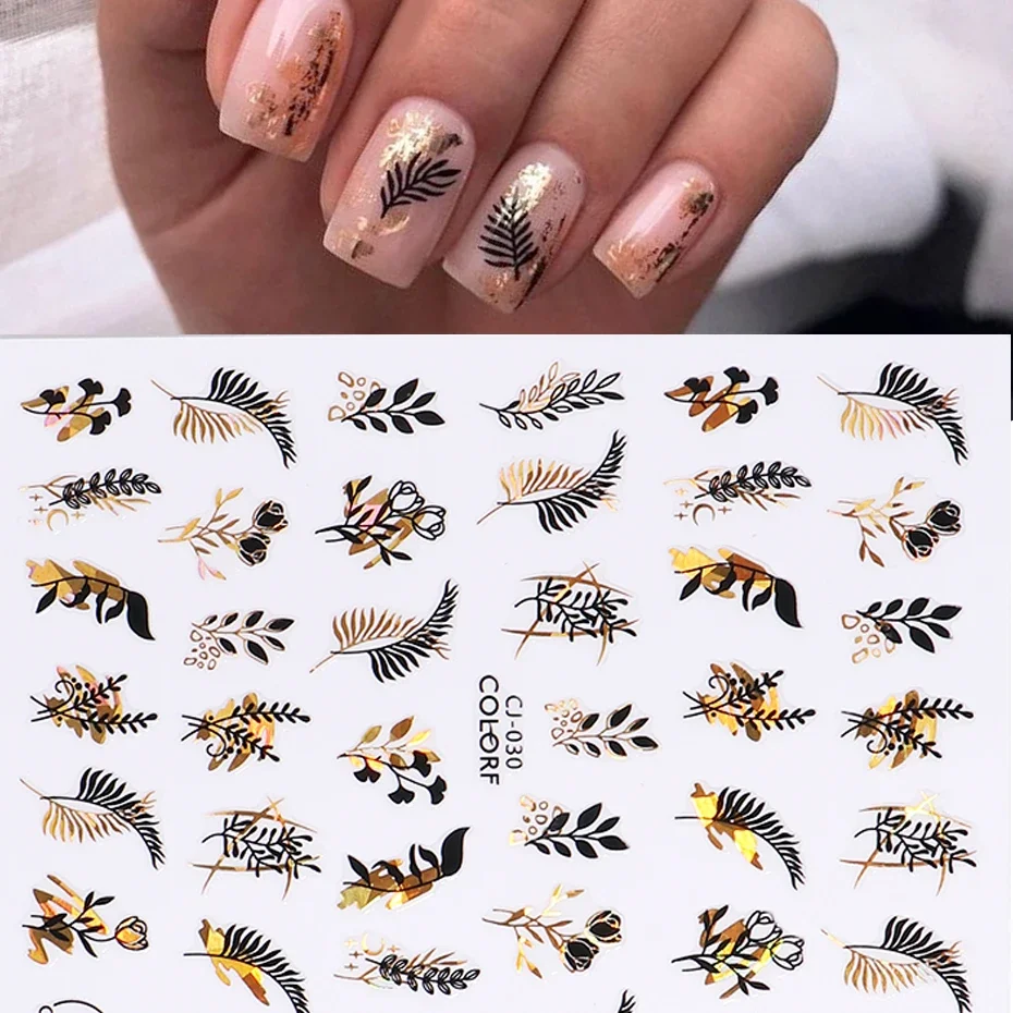 Folhas de ouro 3D Nail Sticker Holo Laser Flor Preta Forro Geométrico Nail Art JICJ028-036