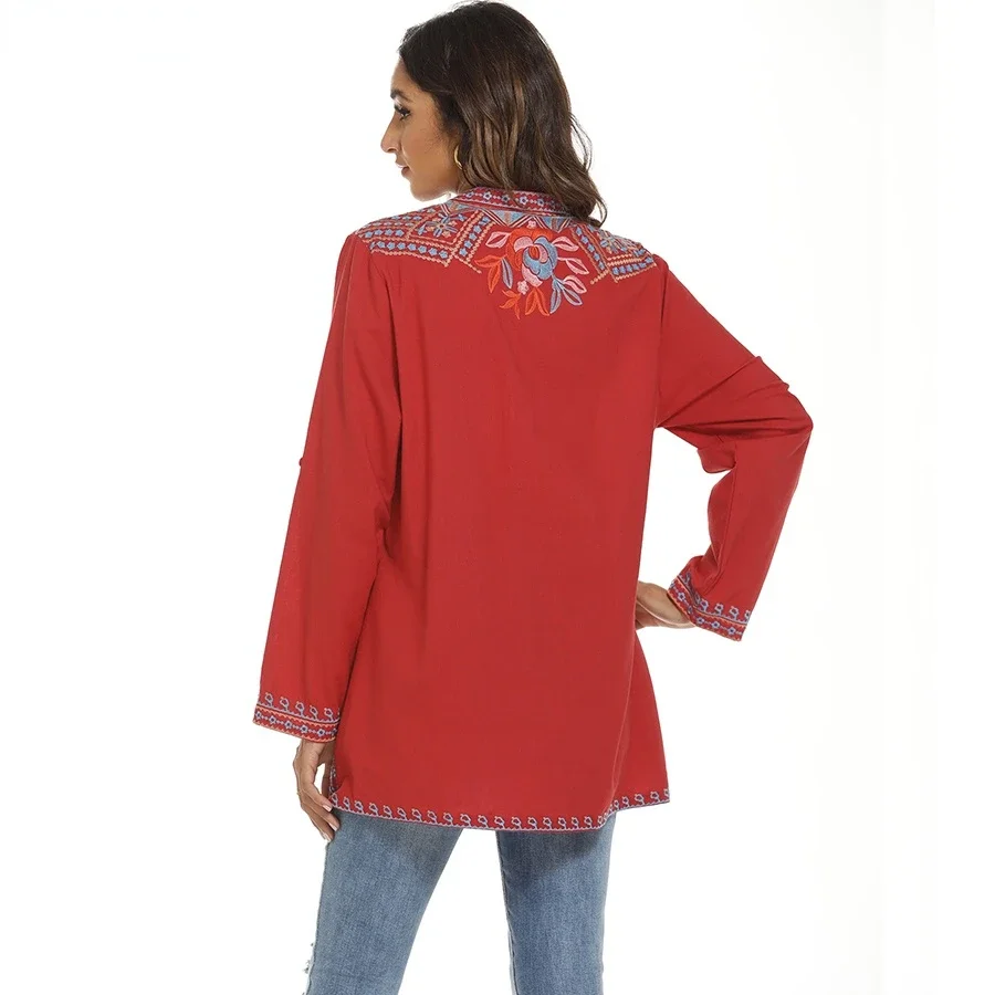 Le Luz Floral Embroidery Long Blouses Shirt Red Boho Mexican Shirts Autumn Long Sleeve Women 2xl 3xl Ethnic Hippie Tops