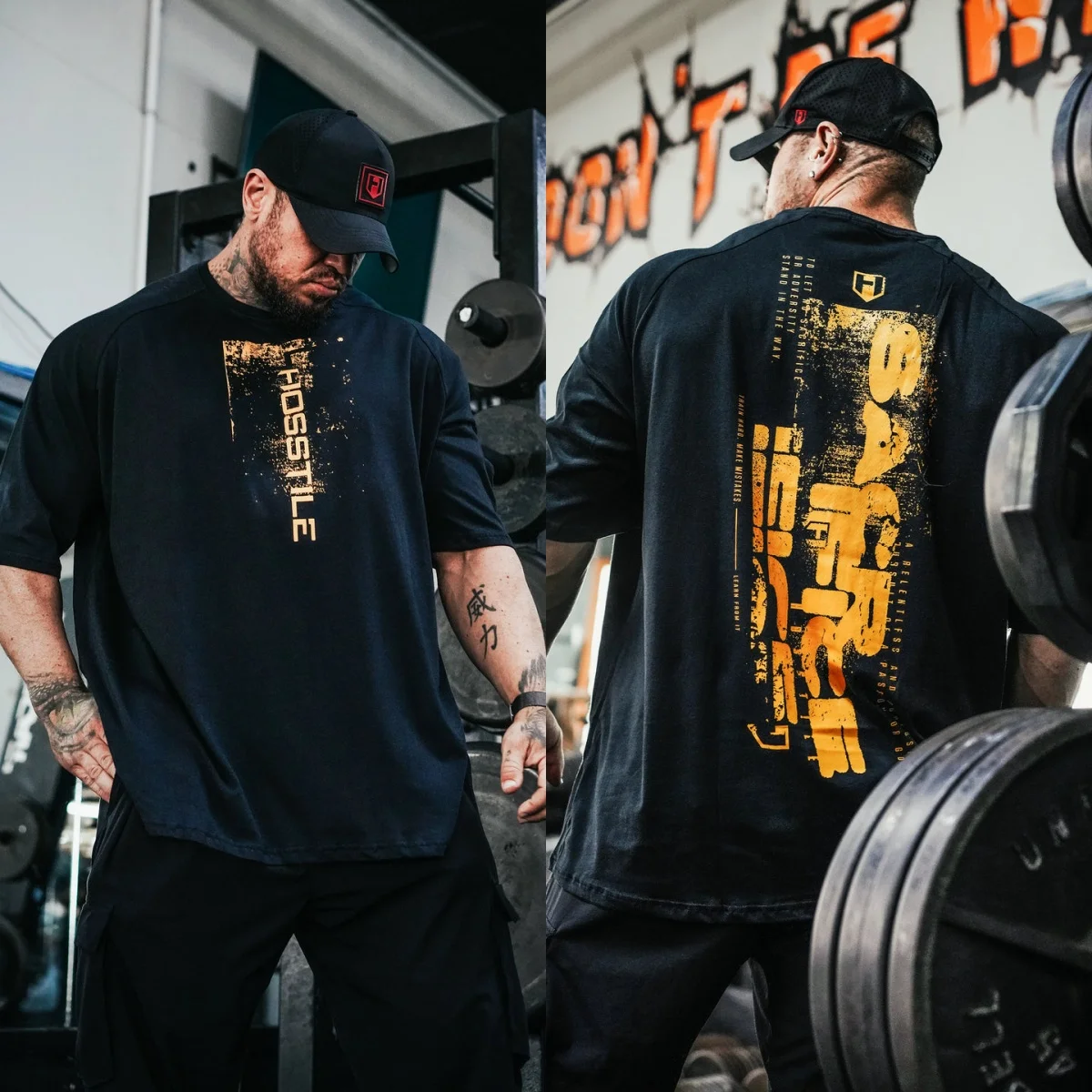 Hostile Gym T-Shirt Mens Short Sleeve Tee Double Sided Gold Grunge Letter Graphic Print Oversized Gym Workout Streetwear Casual