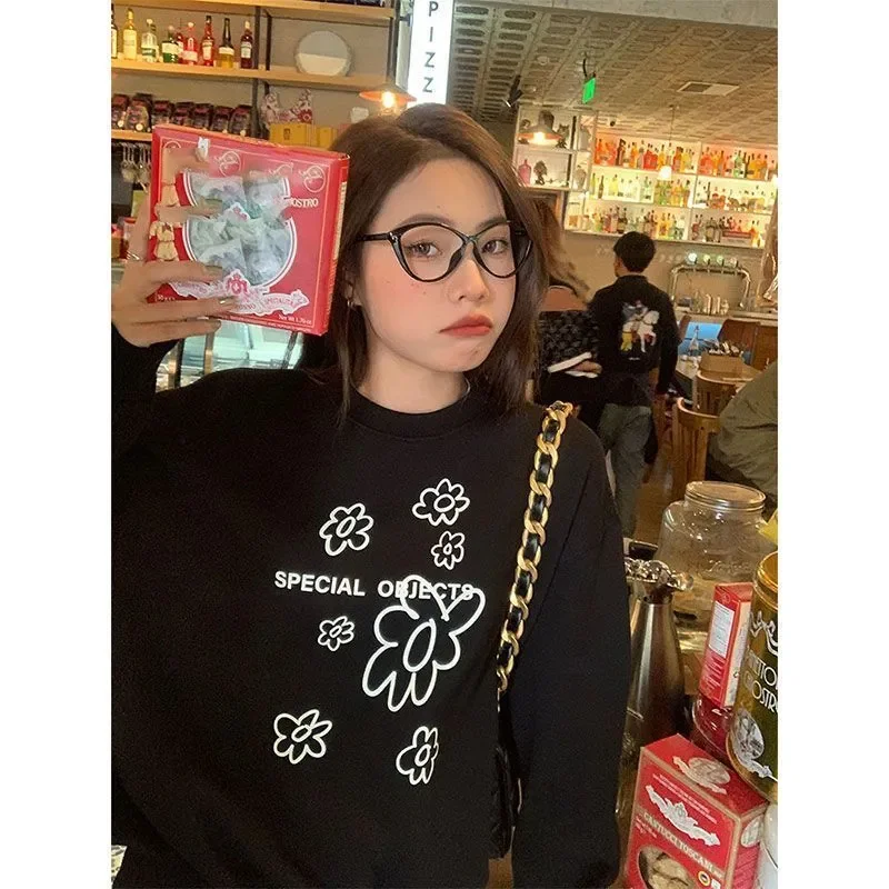 Preto impresso moletom feminino 2025 outono em torno do pescoço solto casual topos moda coreana manga longa hoodie streetwear