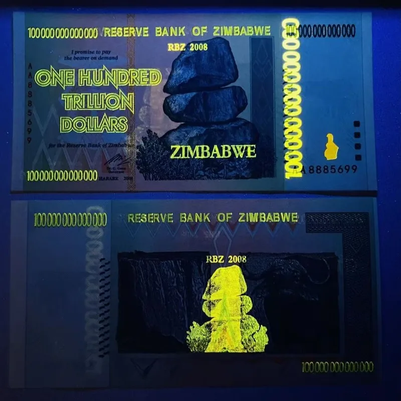 100-1000 قطعة زيمبابوي مائة تريليون دولار أوراق نقدية ورقية مع الأشعة فوق البنفسجية المضادة للتزييف الرقم التسلسلي هدية الأعمال