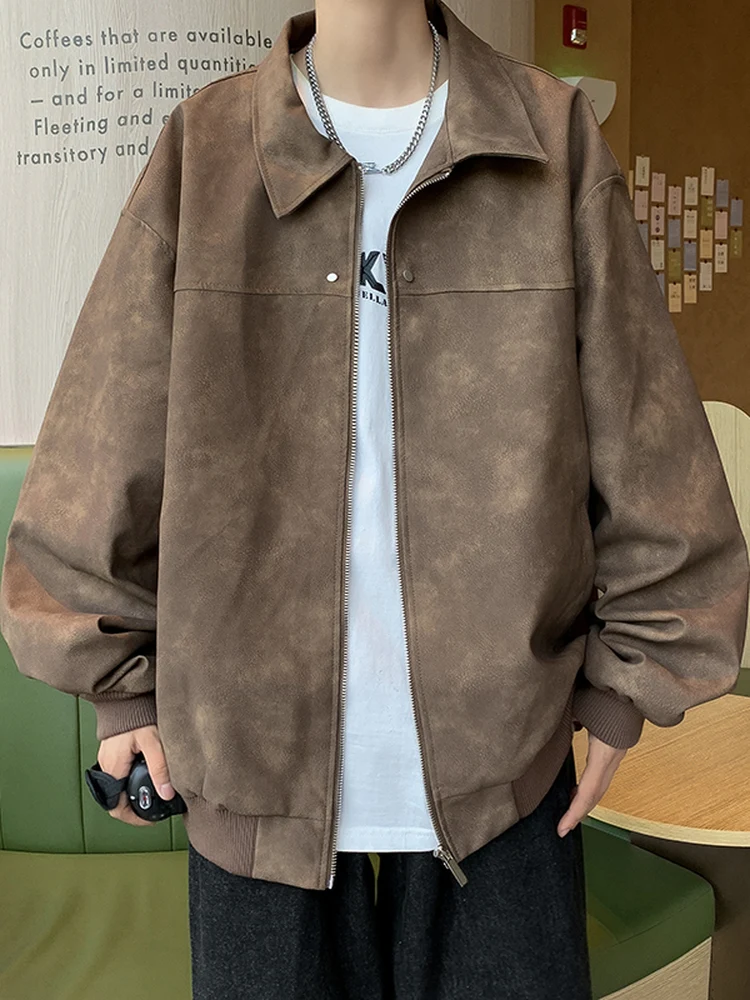 

American Retro Brown Flip Collar Leather Jaet Men's Suede Velvet Couple's Jaet Youth Stand Fit Long Sve Zipper