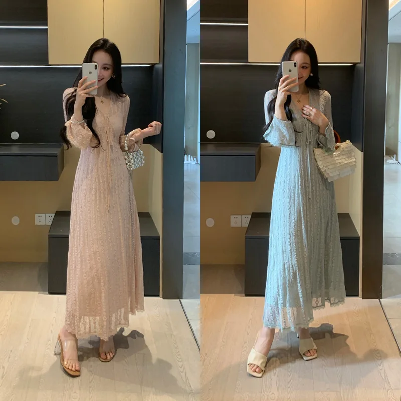 

XINYI Long Sleeve Cover up Dress Women Summer Slimming Waist Vacation Long Skirt Casual Style High Elasticity Nylon Fabric