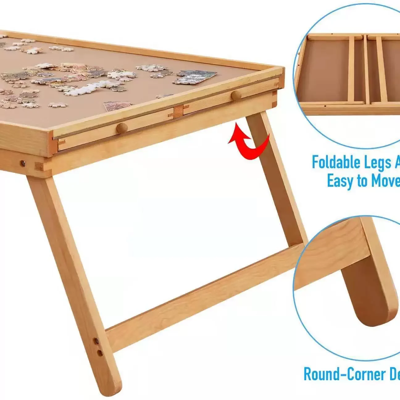 Wooden Puzzle Table Portable Folding Tilt Table with Easel Overall Adjustable Puzzle Storage Table