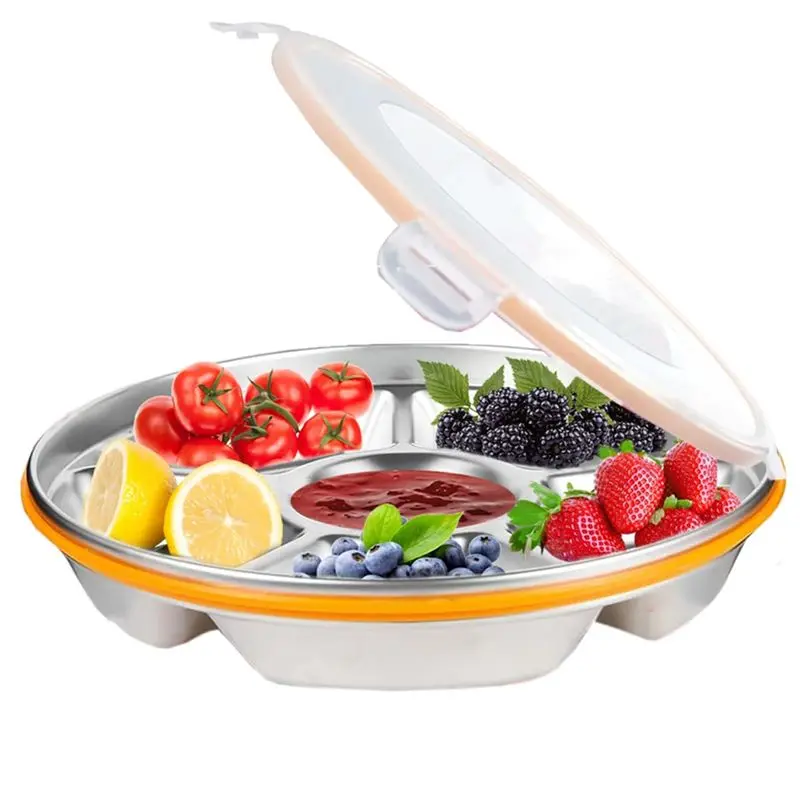 Plateau de service divisé J1UL1N avec couvercle - Plateau à légumes réutilisable avec couvercle et plateau à collations, 6 compa