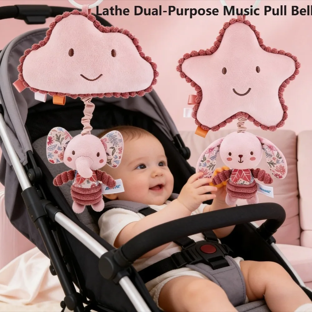 

Baby Stroller Toy Animal Musical Sensory Bunny with Crinkle Clackers Music Pull String Hanging Toy for Car Seat Crib Newborn
