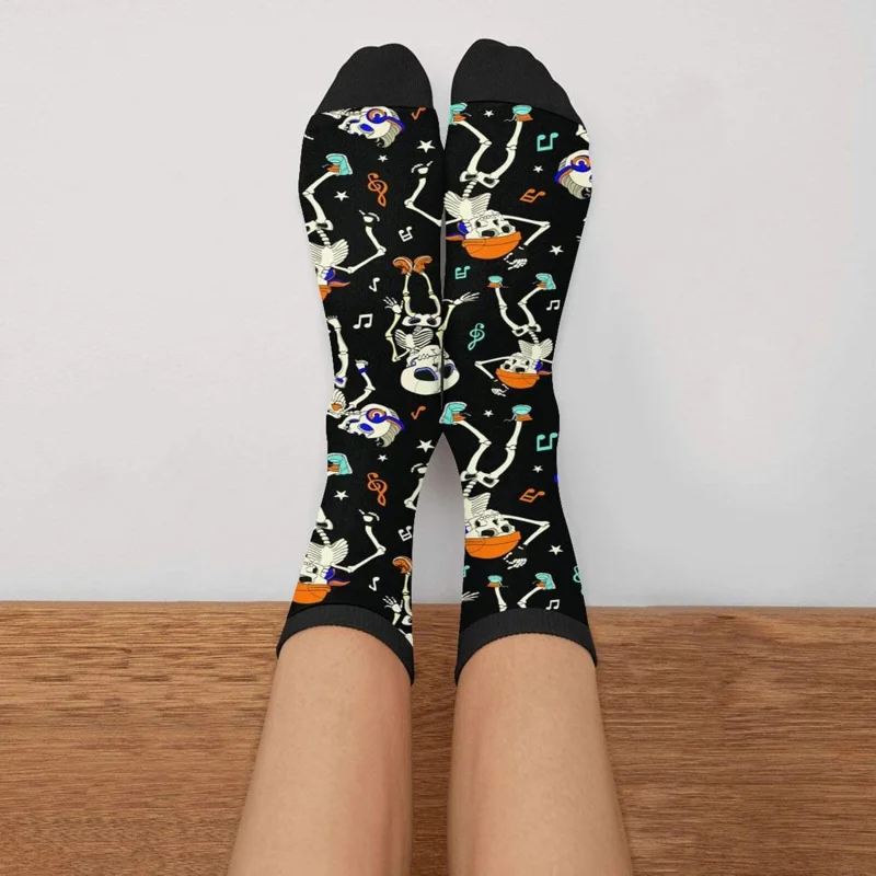 Dancing Skeleton Party Halloween Pattern Printed Funny Socks for Men and Women Novelty Crew Long Socks