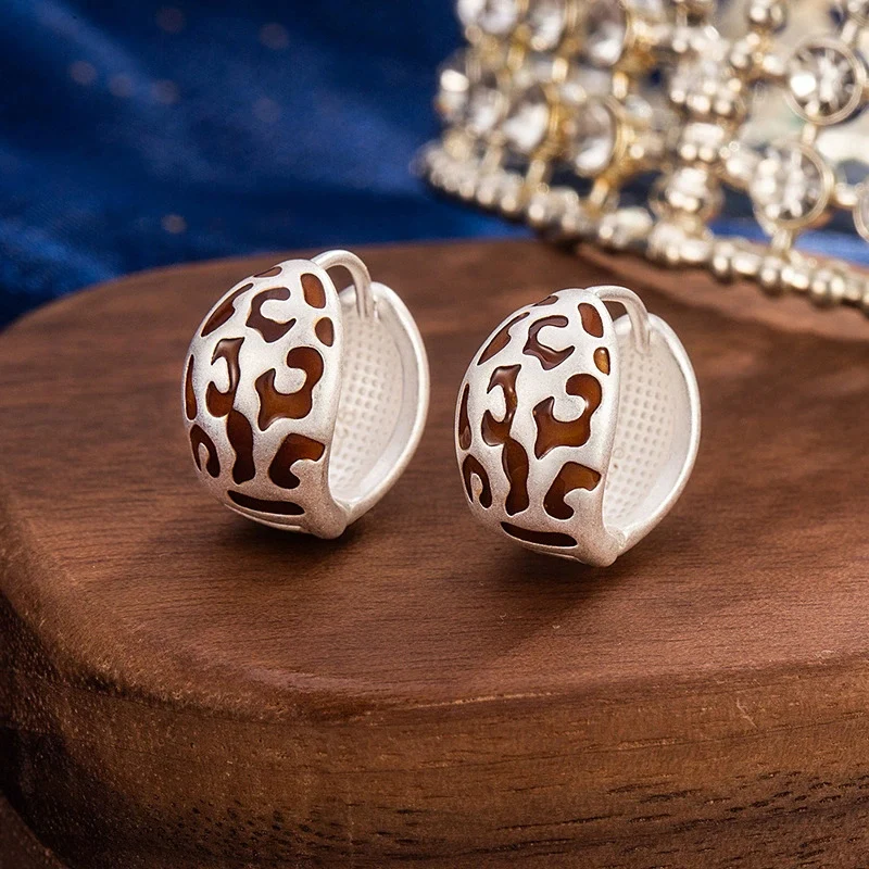 French Retro Espresso Leopard Print Drip Glaze Earrings for Women Versatile Luxurious High-End 925 Silver Jewelry KOFSAC