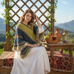Autumn Knitting Cotton Shawl Ethnic Scarf Striped Tassel Poncho For Women Pashmina Keep Warm Travel Shawls Headband 65*70cm