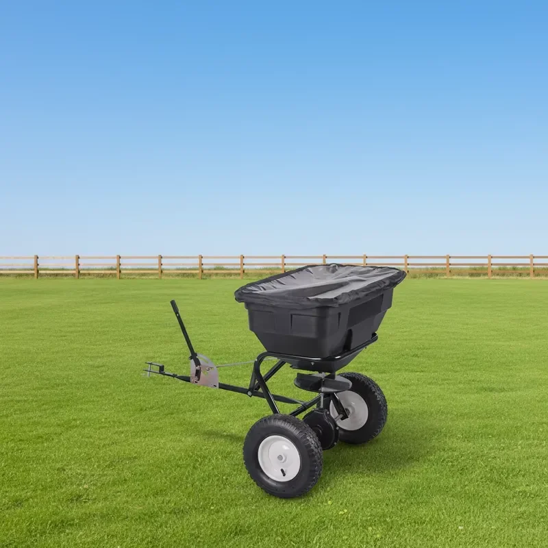 56KGS TOW-Behind Spreader with Screen & Rain Cover Adjustable Hand Push Spreader for Grass Seed, Salt & Ice Melt