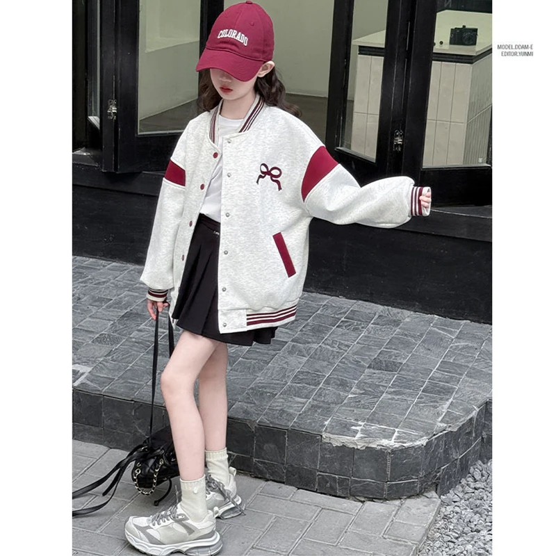 Teen Girls Casual Jacket Spring Autumn New Bowkont Letter Print Single-Breasted Baseball Coat For 5-14Y Kids Sport Outerwear - view 4