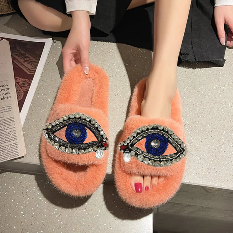 Size Plush Women\'s Shoes In Autumn And Winter Wear Cotton Slippers Fashion Devil Eyes Faux Fur Slippers Indoor Home Floor Shoes